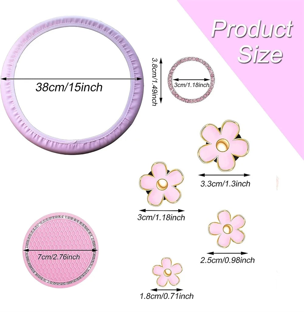 10 Pcs Pink Leather Steering Wheel Cover Set for Women 14.5-15 Inch Car Accessories with Seat Belt Shoulder Pad Seatbelt Cover Cup Holder Start Button Ring Sticker Air Vent Clip