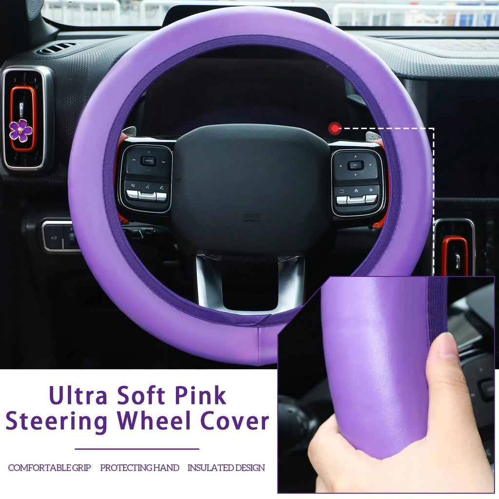 10 PCS Car Accessories Leather Steering Wheel Cover Set, Car Steering Wheel Cover for Women with Seat Belt Pads Cup Holders Start Button, Purple