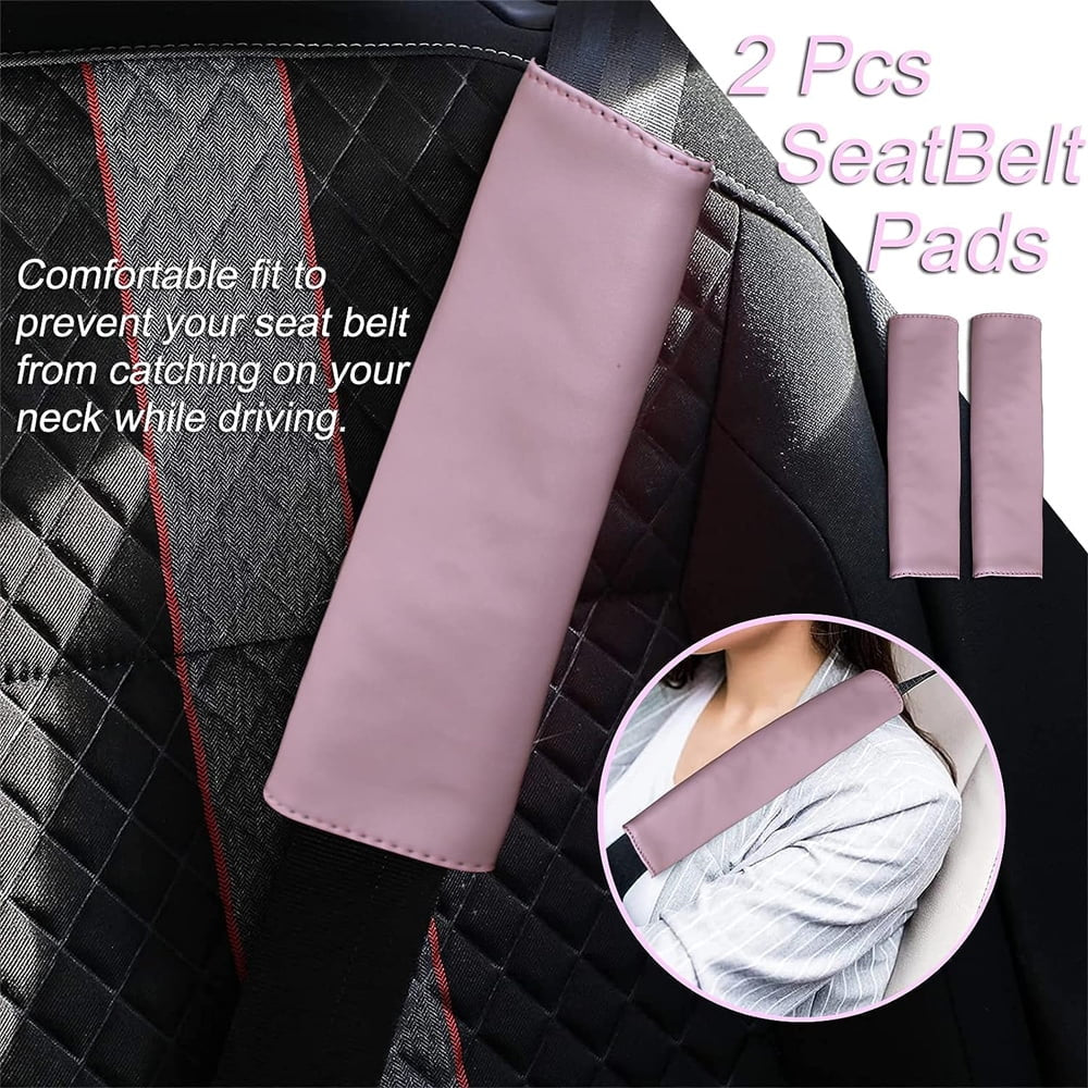 10 Pcs Pink Leather Steering Wheel Cover Set for Women 14.5-15 Inch Car Accessories with Seat Belt Shoulder Pad Seatbelt Cover Cup Holder Start Button Ring Sticker Air Vent Clip