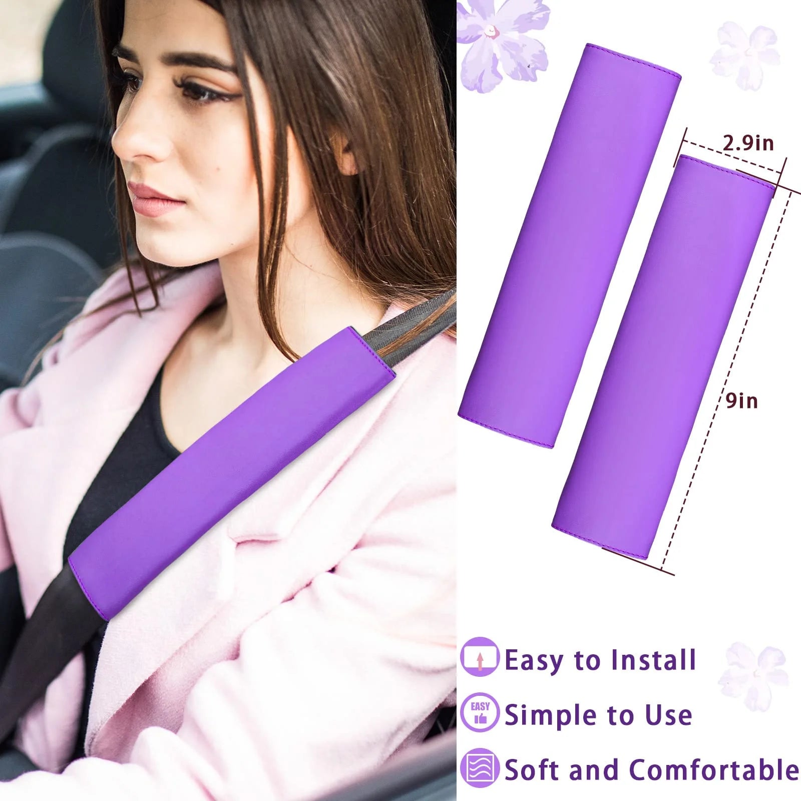 10 PCS Car Accessories Leather Steering Wheel Cover Set, Car Steering Wheel Cover for Women with Seat Belt Pads Cup Holders Start Button, Purple