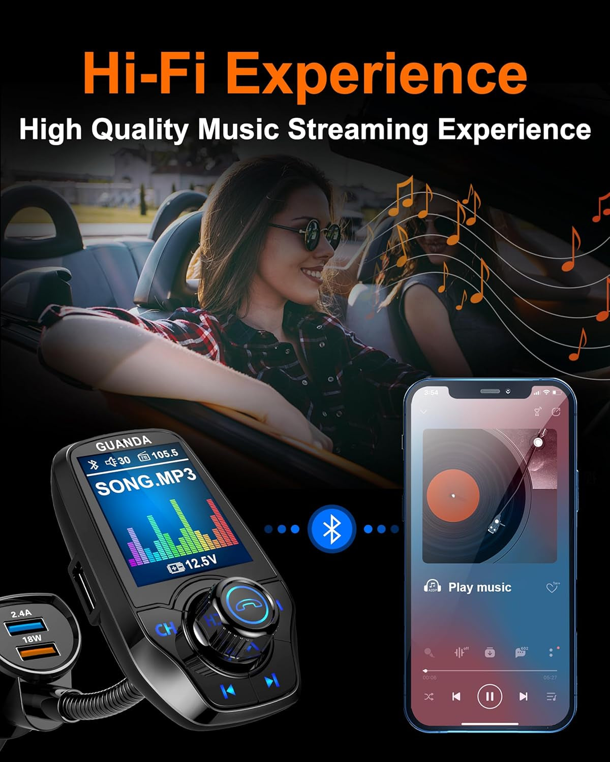 Upgraded Bluetooth FM Transmitter for Car, Wireless Radio Adapter Kit W 1.8" Color Display Hands-Free Call AUX In/Out SD/TF Card USB Fast Charge 18W for All Smartphones Audio Players - Black