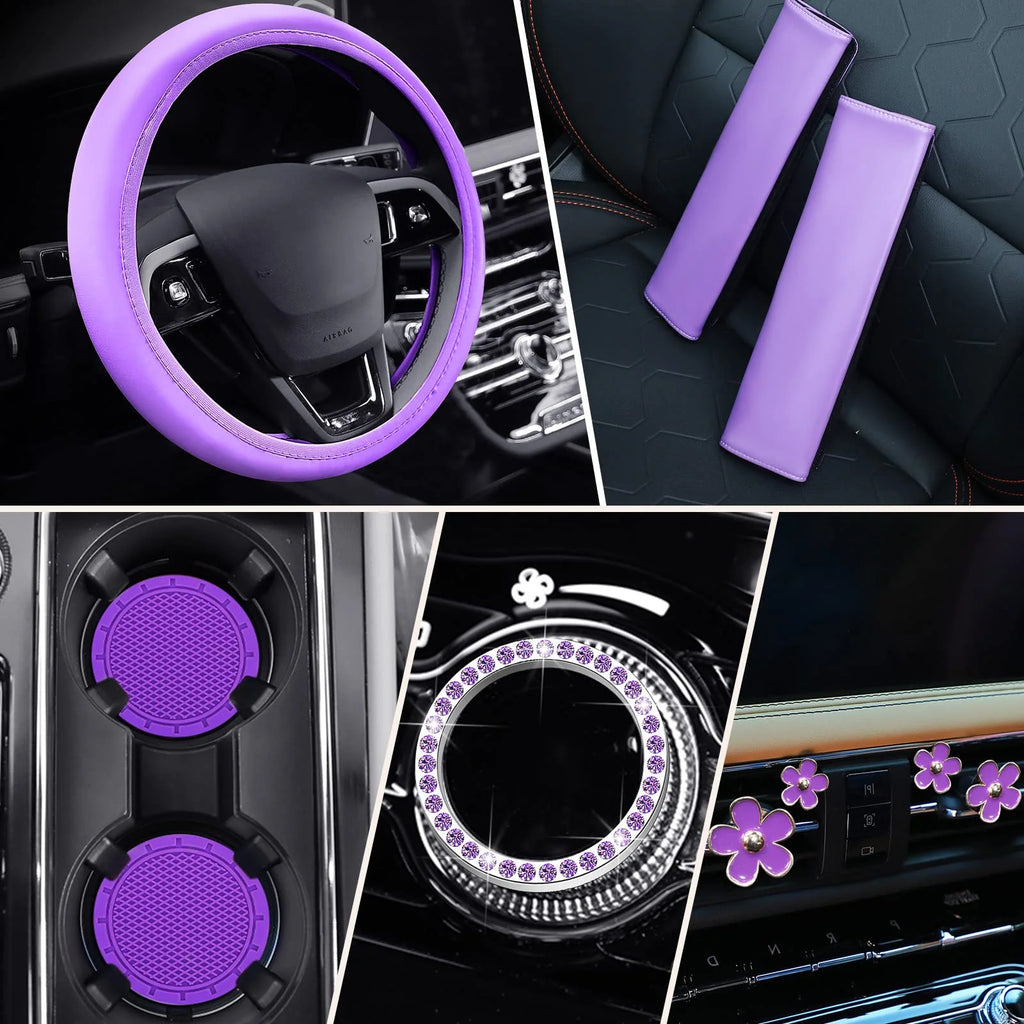 10 PCS Car Accessories Leather Steering Wheel Cover Set, Car Steering Wheel Cover for Women with Seat Belt Pads Cup Holders Start Button, Purple