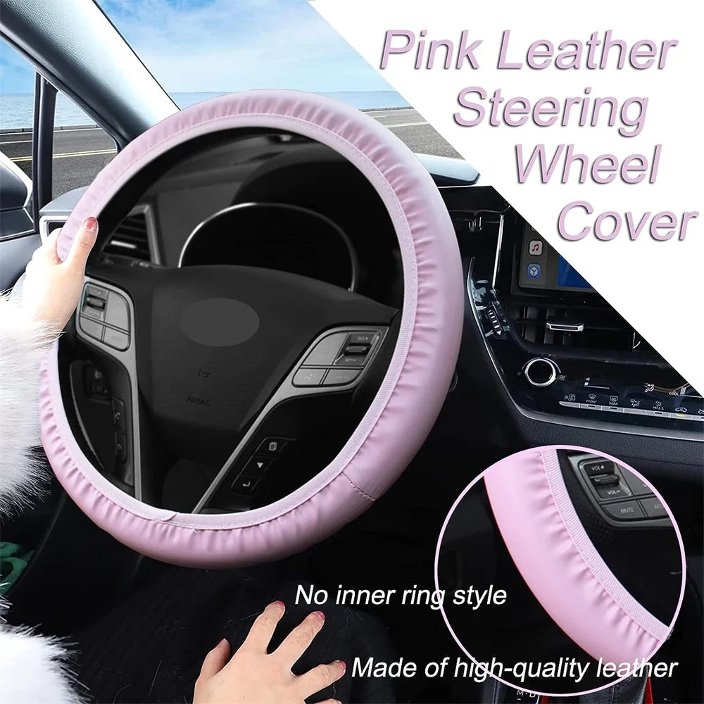 10 Pcs Pink Leather Steering Wheel Cover Set for Women 14.5-15 Inch Car Accessories with Seat Belt Shoulder Pad Seatbelt Cover Cup Holder Start Button Ring Sticker Air Vent Clip