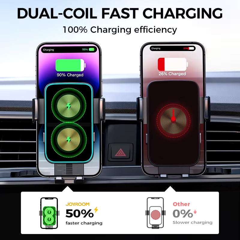 Joyroom 15W Dual Coil Car Phone Holder Automatic Fast Wireless Charger Phone Holder Car Mount for Iphone Foldable Galaxy