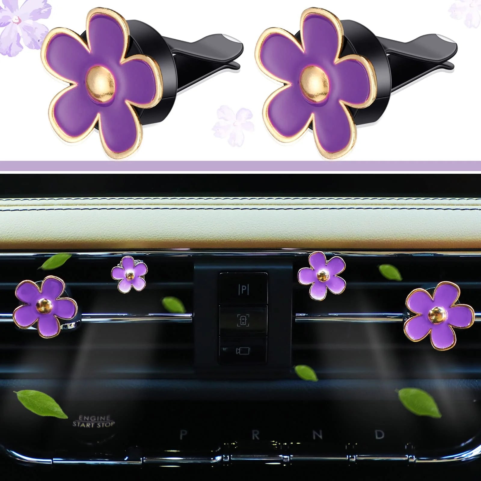 10 PCS Car Accessories Leather Steering Wheel Cover Set, Car Steering Wheel Cover for Women with Seat Belt Pads Cup Holders Start Button, Purple