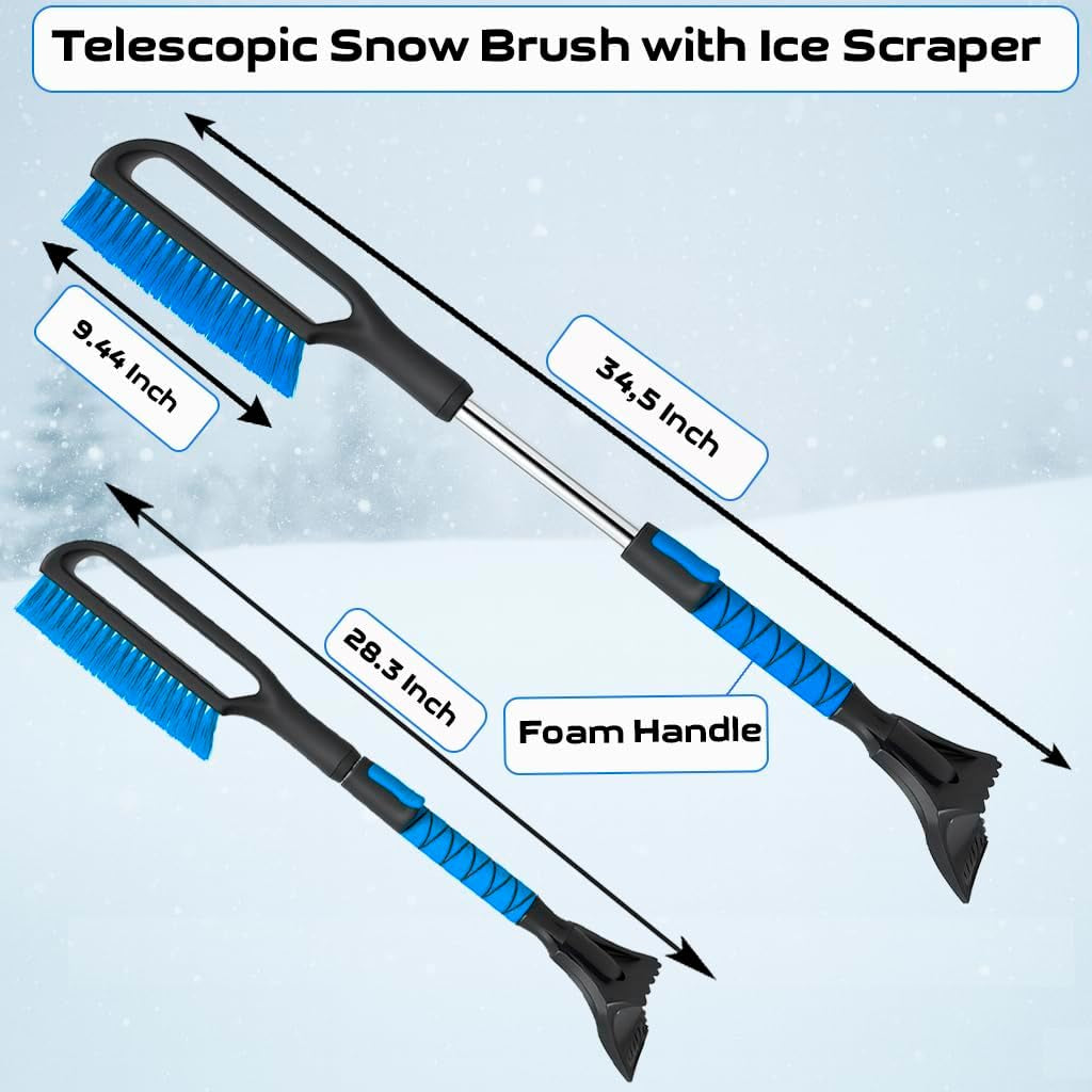 34.5" Snow Brush & Ice Scrapers for Car Windshield with Foam Grip for Cars Extendable, SUV, Trucks - Detachable Сar Scraper - No Scratch - Heavy Duty Handle, Snow Broom, Remover, Easy Scraper, Blue