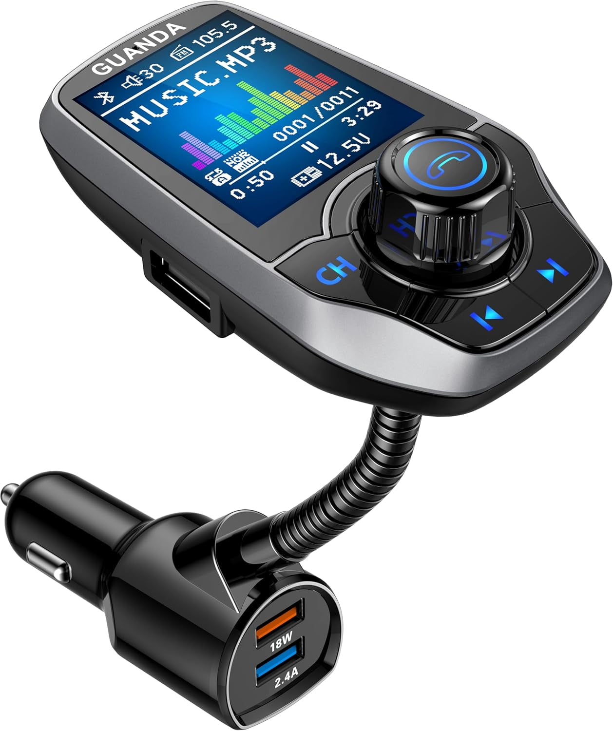 Upgraded Bluetooth FM Transmitter for Car, Wireless Radio Adapter Kit W 1.8" Color Display Hands-Free Call AUX In/Out SD/TF Card USB Fast Charge 18W for All Smartphones Audio Players - Black