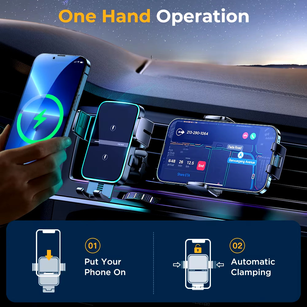 Joyroom 15W Dual Coil Car Phone Holder Automatic Fast Wireless Charger Phone Holder Car Mount for Iphone Foldable Galaxy