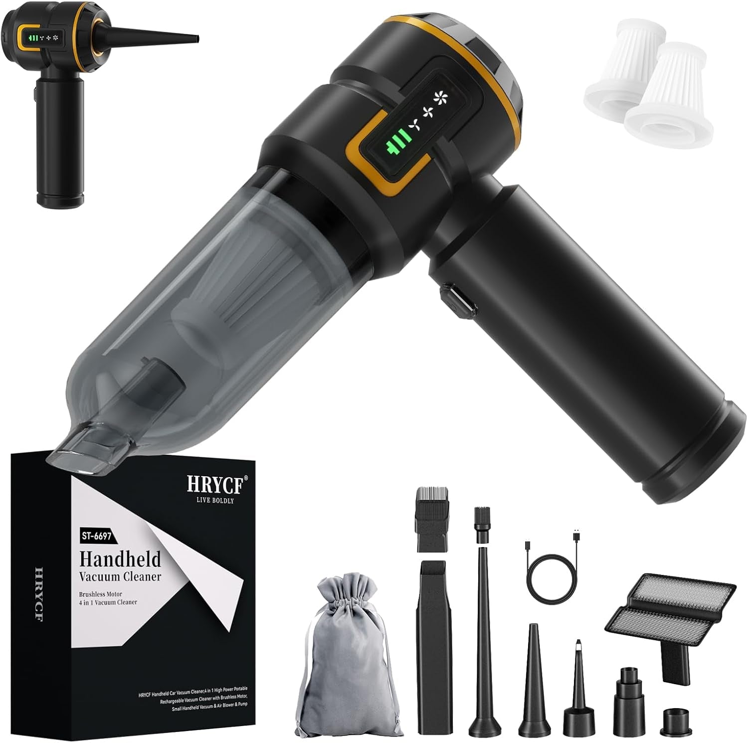 Handheld Vacuum,Car Vacuum Cleaner,4-In-1 20000PA High Power Portable Rechargeable Vacuum Cleaner with Brushless Motor, Small Handheld Vacuum & Air Blower & Pump-Black