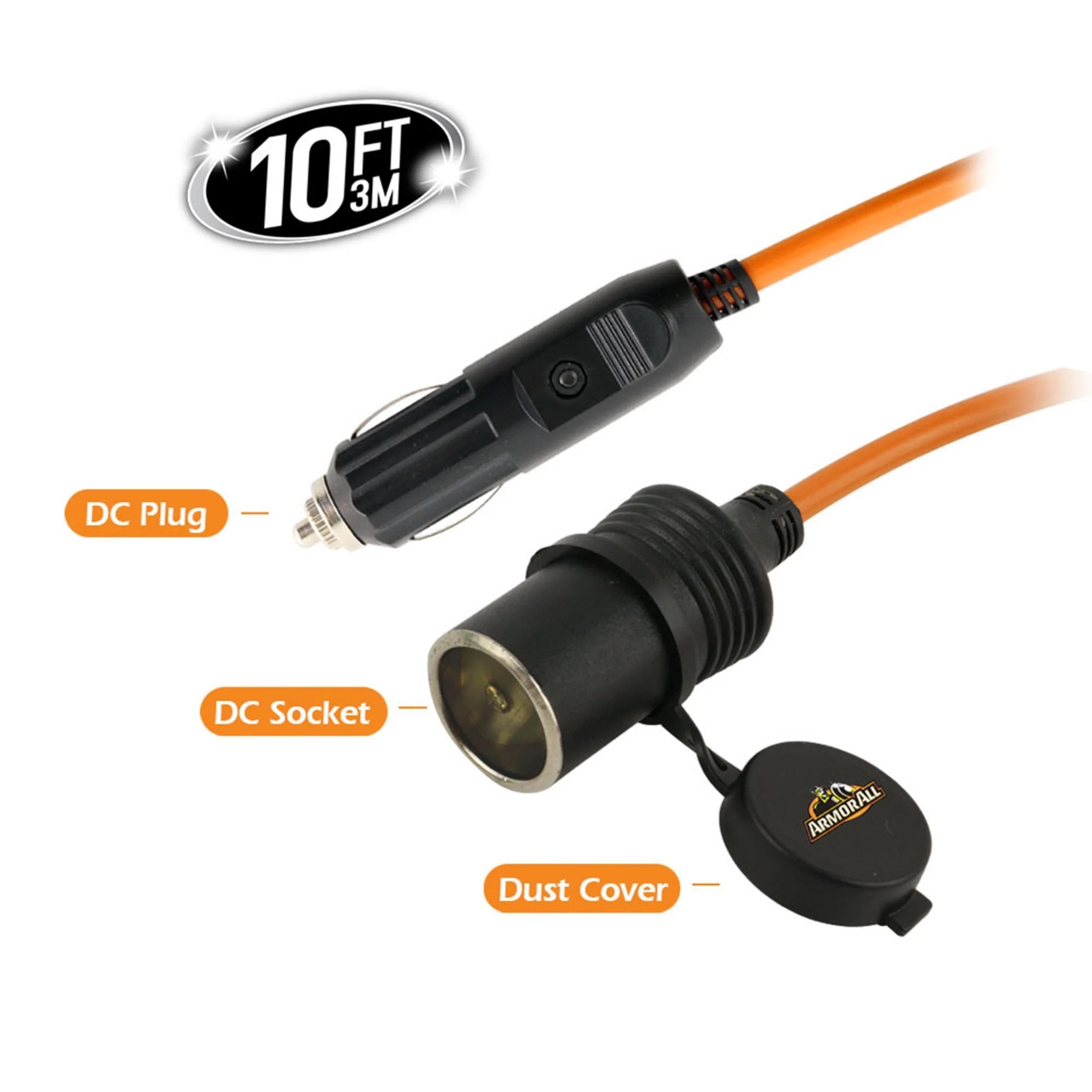 10Ft Orange 12V DC Port Power Extension Cable, Useable with Tire Inflators, Vacuums, Fans