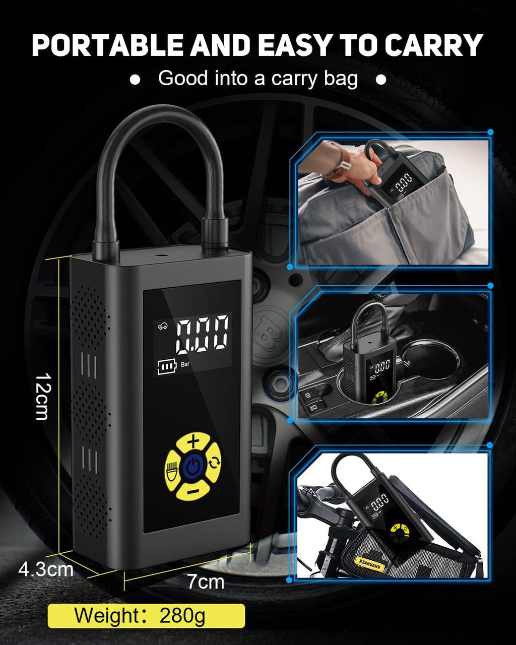 150PSI Portable Tire Inflator - Rechargeable Air Compressor for Cars, Bikes, Motorcycles, Balls, with LED Emergency Light & Flashlight‌