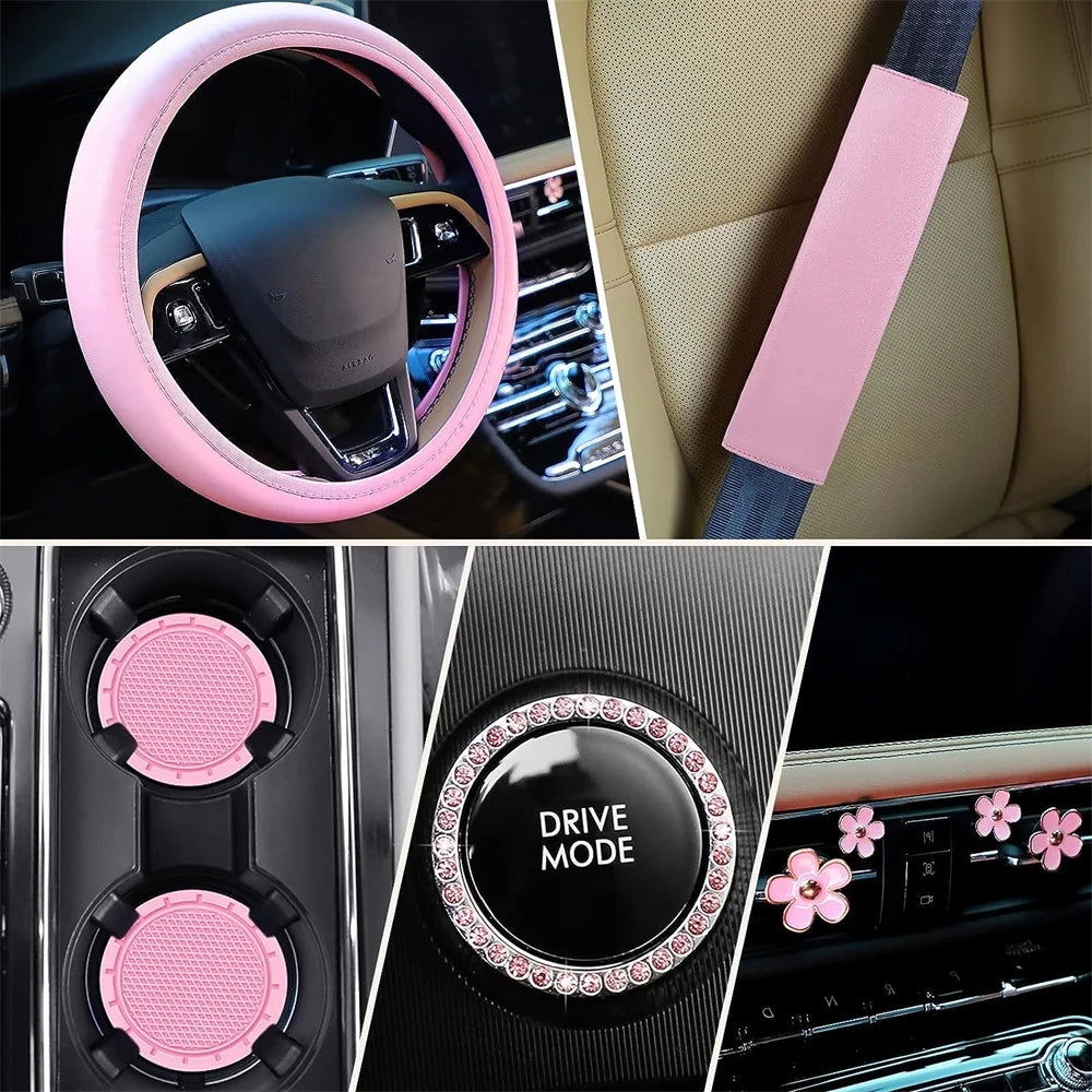 10 Pcs Pink Leather Steering Wheel Cover Set for Women 14.5-15 Inch Car Accessories with Seat Belt Shoulder Pad Seatbelt Cover Cup Holder Start Button Ring Sticker Air Vent Clip