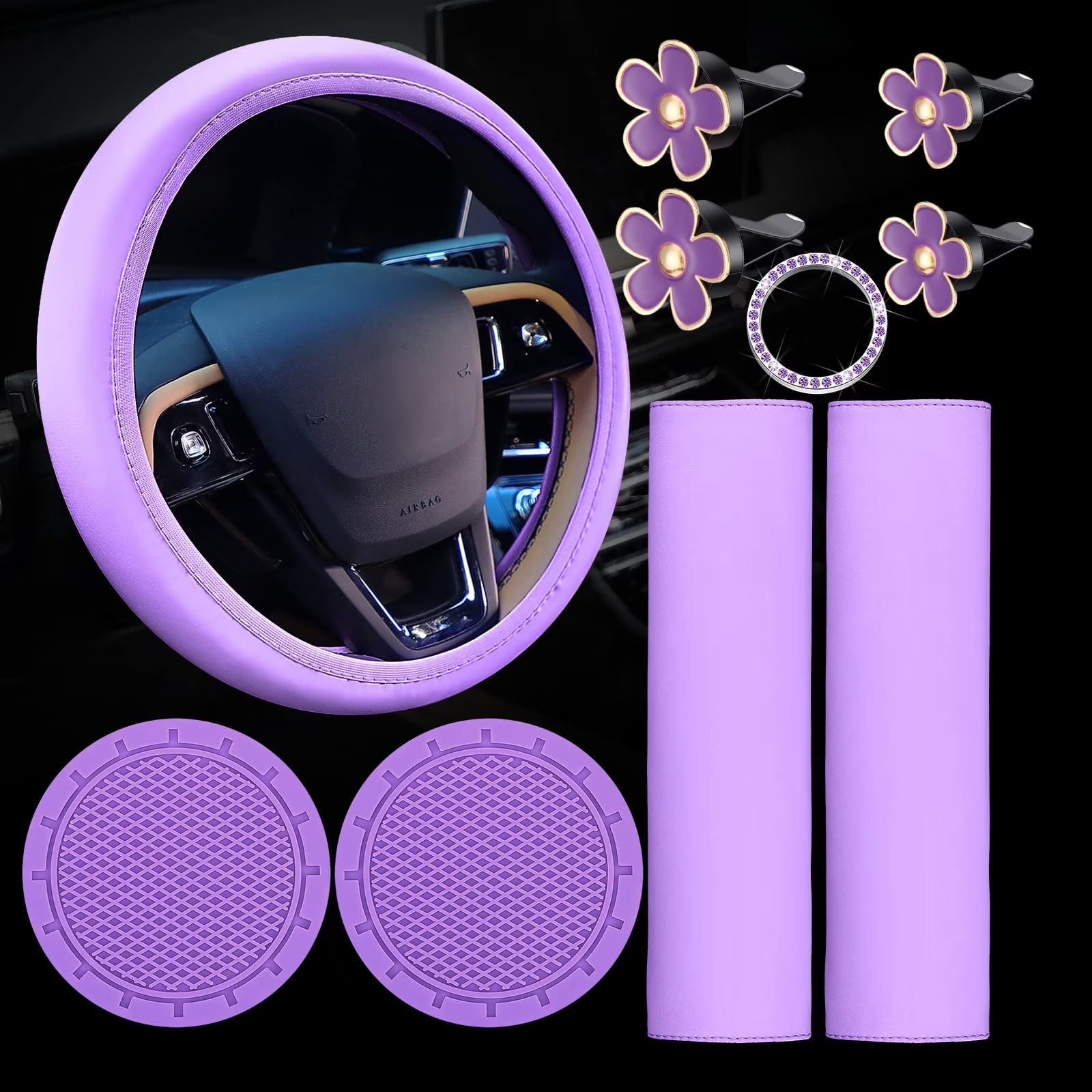 10 PCS Car Accessories Leather Steering Wheel Cover Set, Car Steering Wheel Cover for Women with Seat Belt Pads Cup Holders Start Button, Purple