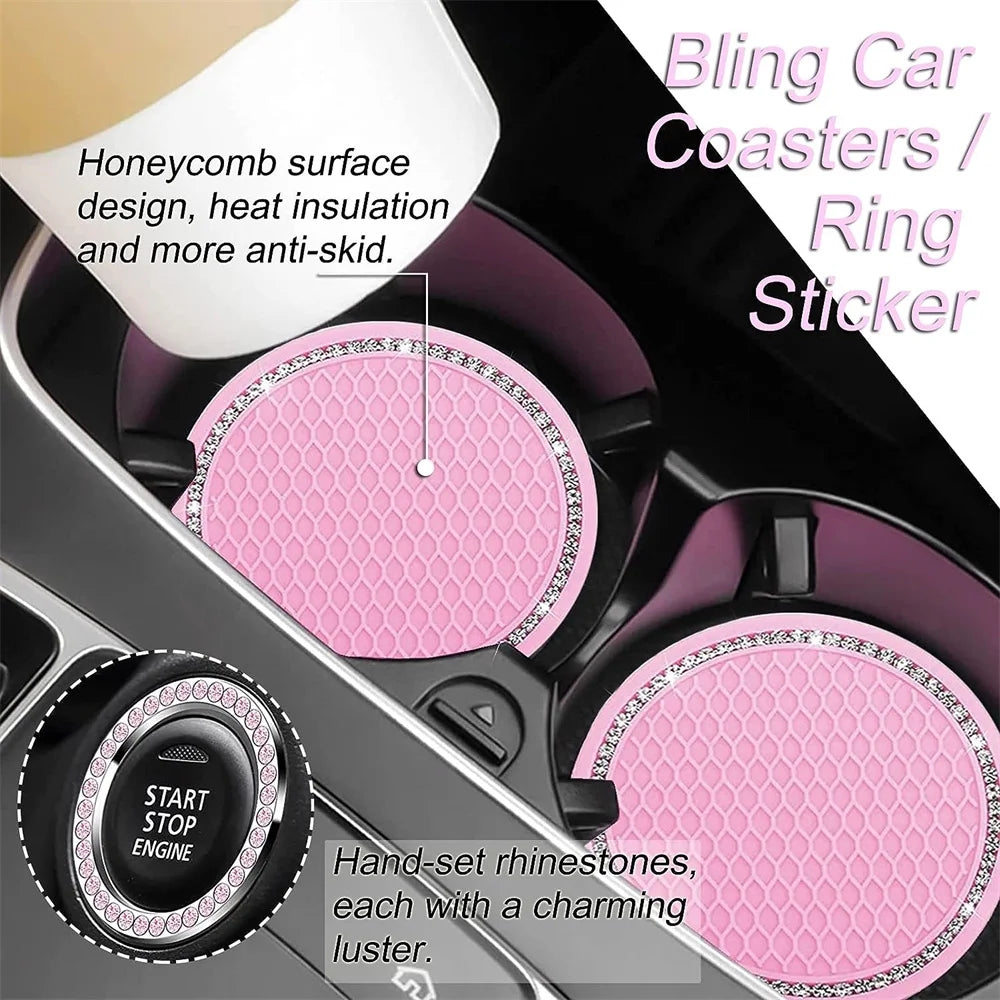 10 Pcs Pink Leather Steering Wheel Cover Set for Women 14.5-15 Inch Car Accessories with Seat Belt Shoulder Pad Seatbelt Cover Cup Holder Start Button Ring Sticker Air Vent Clip