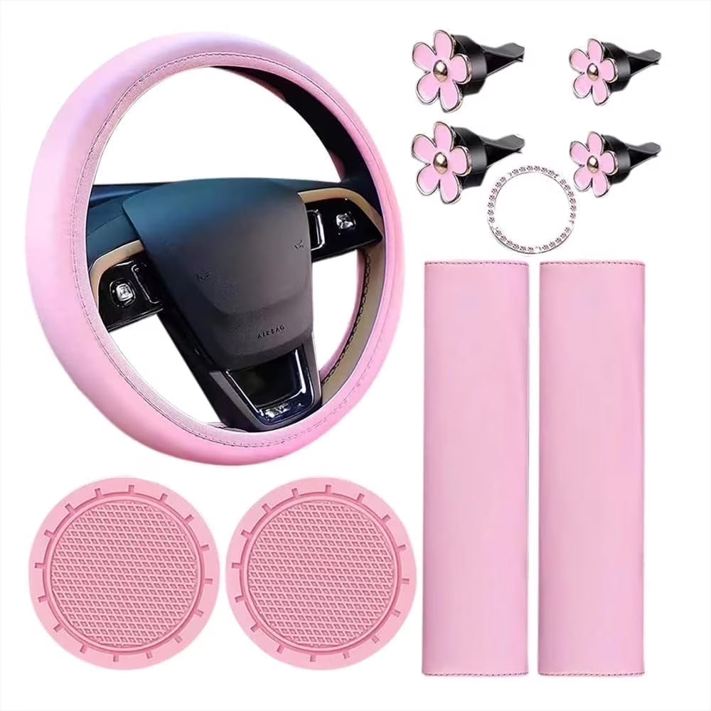 10 Pcs Pink Leather Steering Wheel Cover Set for Women 14.5-15 Inch Car Accessories with Seat Belt Shoulder Pad Seatbelt Cover Cup Holder Start Button Ring Sticker Air Vent Clip