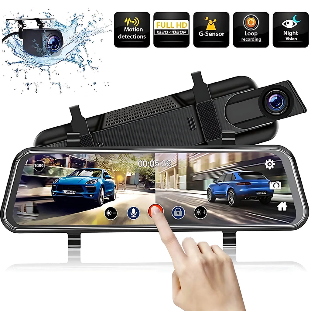 10" 1080P Mirror Dash Cam,Full Touch Screen Backup Camera Front and Rear View Parking Monitor with Super Night Vision, Motion Detection, G-Sensor