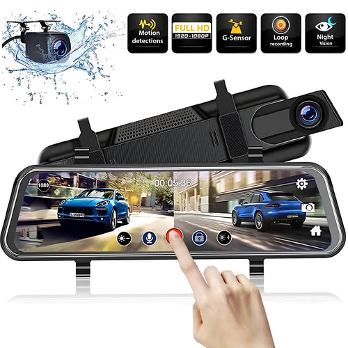 10" 1080P Mirror Dash Cam,Full Touch Screen Backup Camera Front and Rear View Parking Monitor with Super Night Vision, Motion Detection, G-Sensor