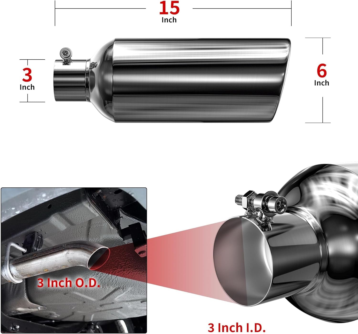 3 to 6 Inch Exhaust Tip, 3" Inlet 6” Outlet 15” Overall Length Stainless Steel E