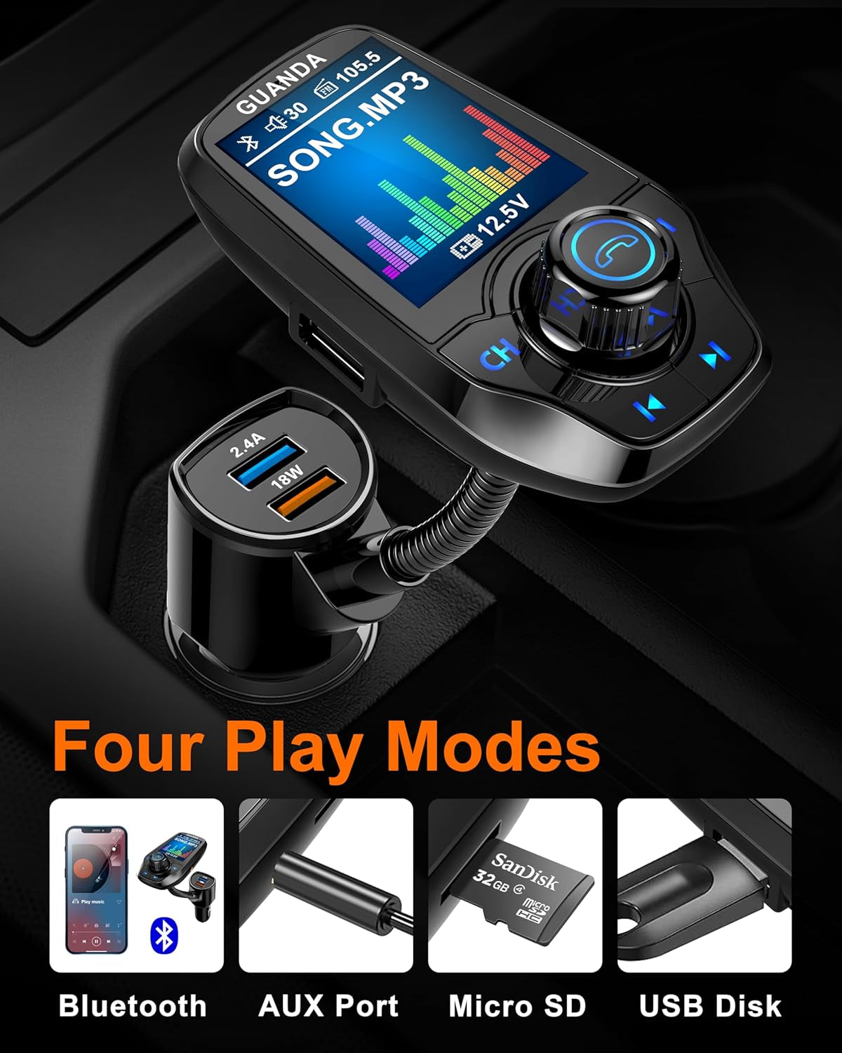 Upgraded Bluetooth FM Transmitter for Car, Wireless Radio Adapter Kit W 1.8" Color Display Hands-Free Call AUX In/Out SD/TF Card USB Fast Charge 18W for All Smartphones Audio Players - Black
