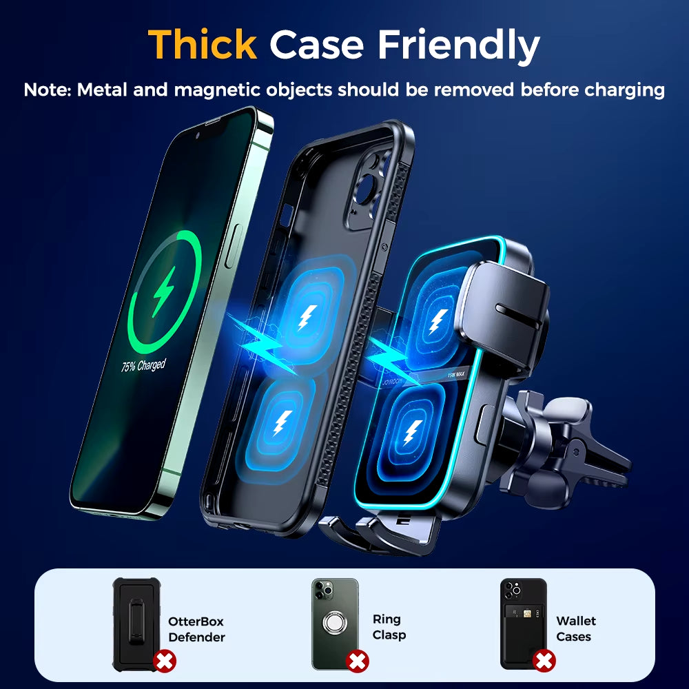 Joyroom 15W Dual Coil Car Phone Holder Automatic Fast Wireless Charger Phone Holder Car Mount for Iphone Foldable Galaxy