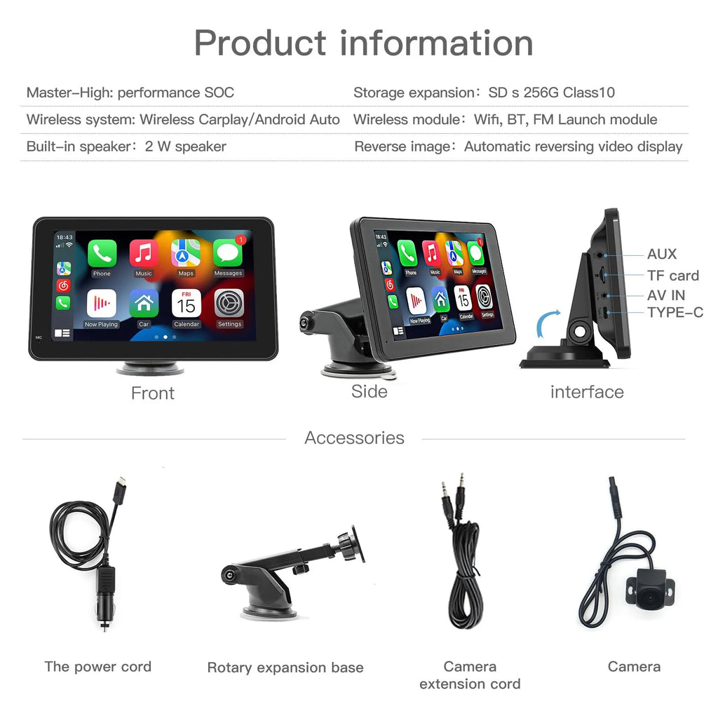 D7 Pro Portable Wireless Car Stereo with 7" Touchscreen, Carplay, Android Auto, Rear Camera