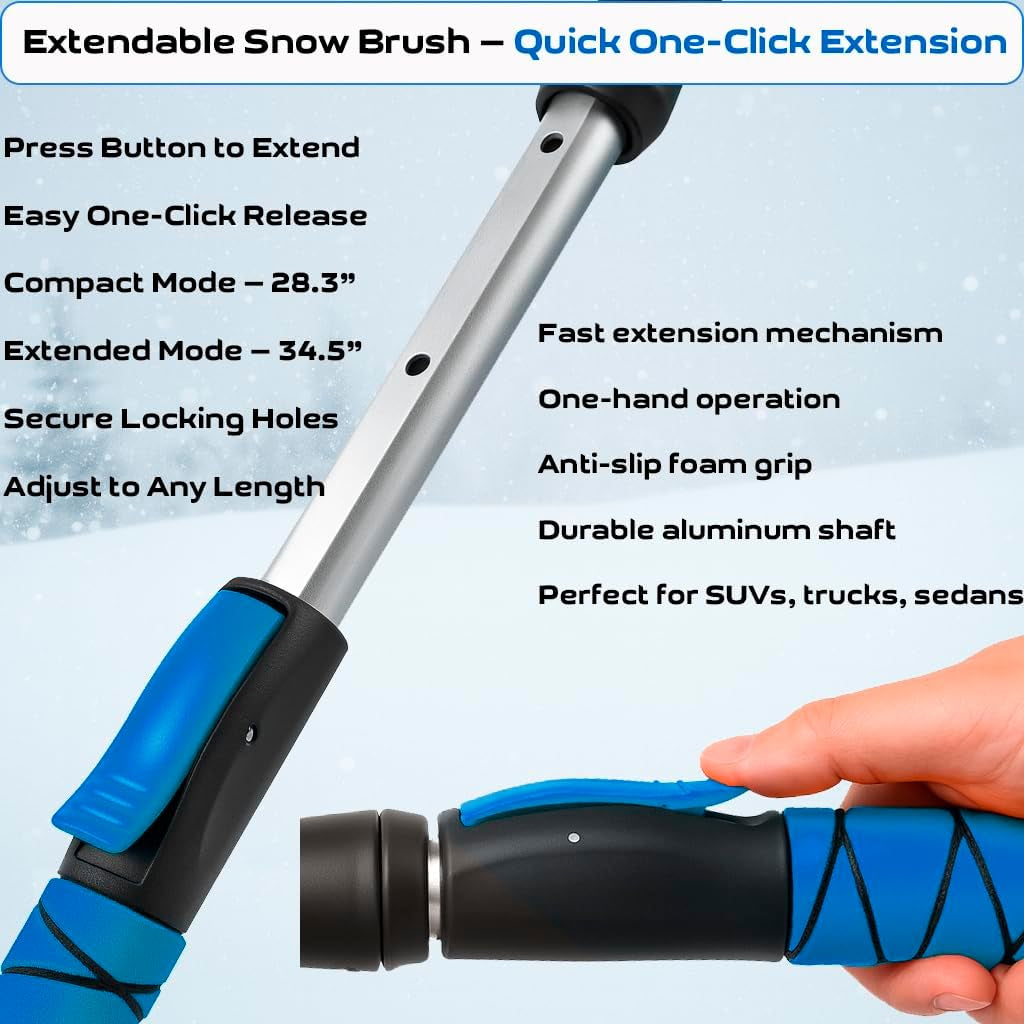 34.5" Snow Brush & Ice Scrapers for Car Windshield with Foam Grip for Cars Extendable, SUV, Trucks - Detachable Сar Scraper - No Scratch - Heavy Duty Handle, Snow Broom, Remover, Easy Scraper, Blue